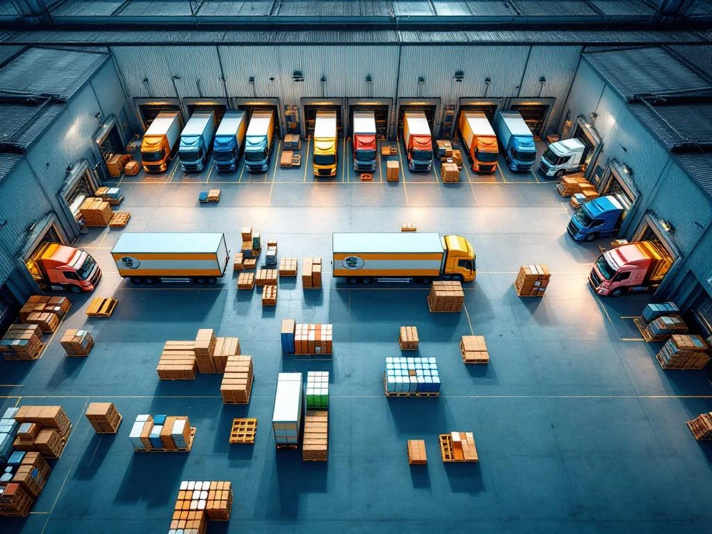 Luchtfoto van modern distributiecentrum met vrachtwagens en georganiseerde pallets schoonmaakproducten