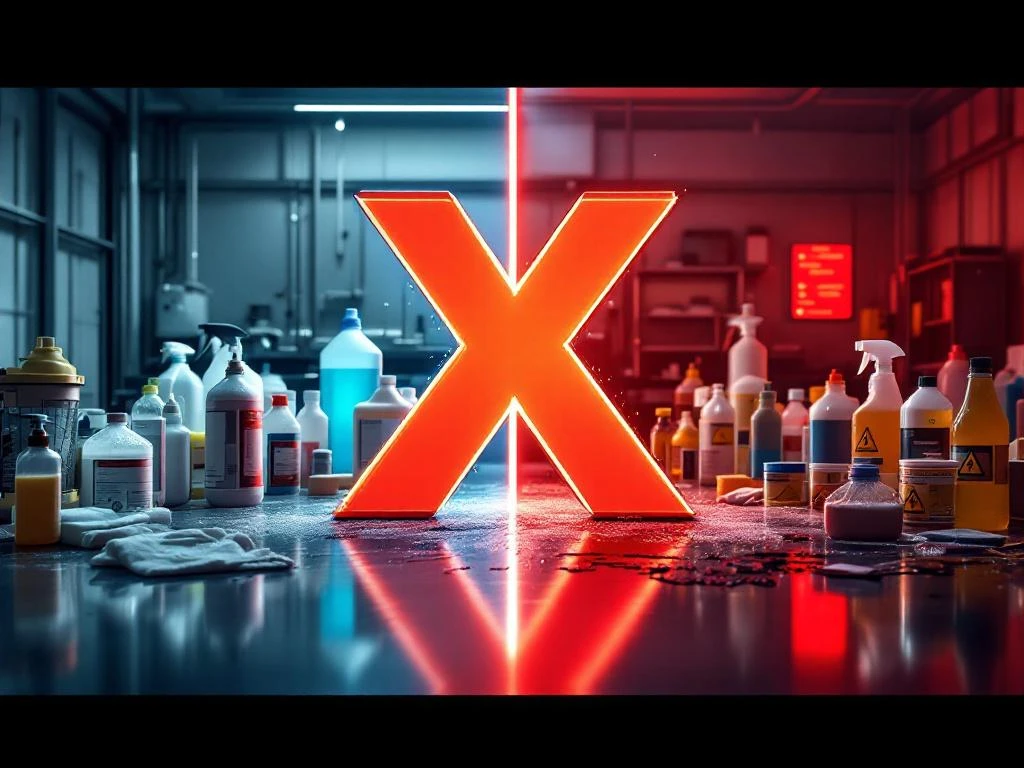 Professionele schoonmaakmiddelen correct gerangschikt tegenover chaotische verkeerde opslag met waarschuwingssymbool