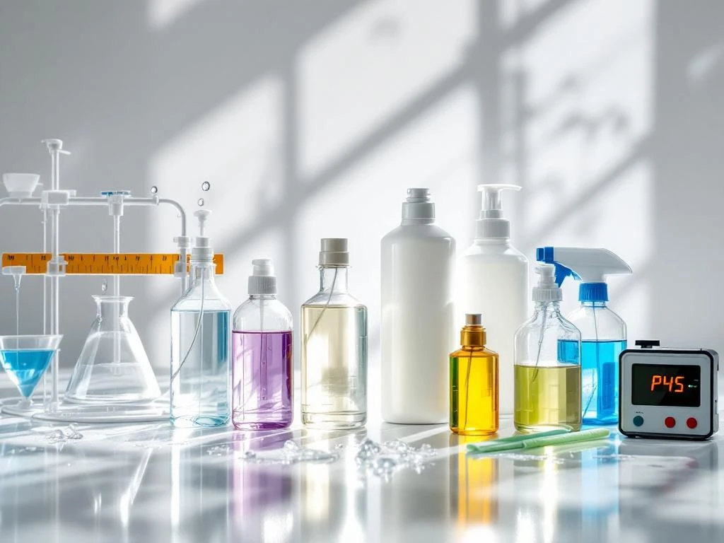 cleaning-product-testing-laboratory-setup.jpg Professionele laboratoriumopstelling met schoonmaakmiddelen, testapparatuur en meetinstrumenten op witte ondergrond