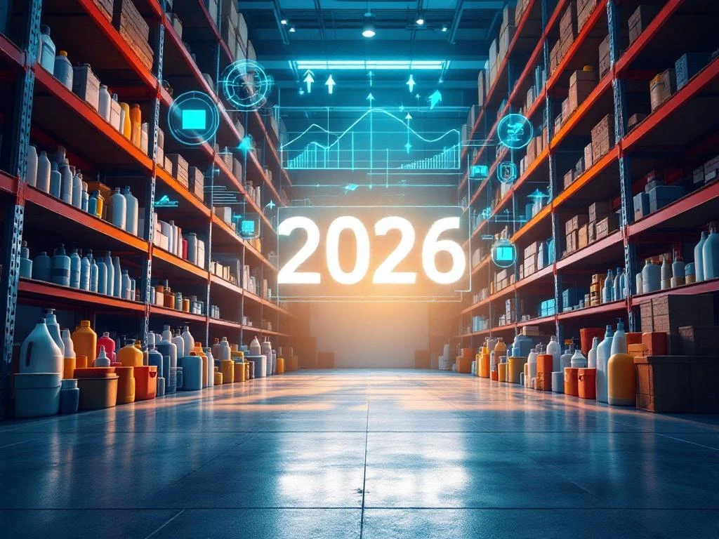 schoonmaakmiddelen-magazijn-trends-2026-hologram.jpg Moderne magazijn met schoonmaakproducten op planken, holografische grafieken en 2026 architectuurdetail