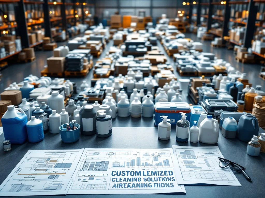 professionele-schoonmaakmiddelen-magazijn-overhead.jpg Moderne magazijn met georganiseerde schoonmaakmiddelen en consultatie tafel met aangepaste reinigingsoplossingen