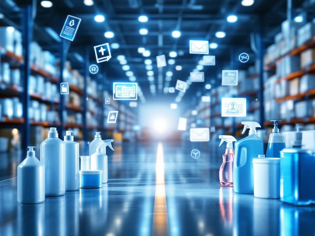 cleaning-supply-compliance-warehouse-regulations.jpg Moderne magazijn met schoonmaakmiddelen naast zwevende regelgevingsdocumenten en certificaten, verbonden door symbolische brug