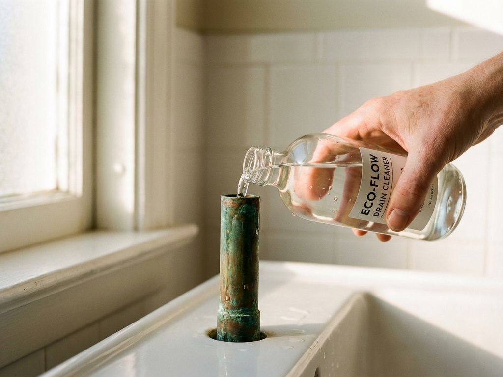 eco-vriendelijke-afvoer-reiniger-koper-buis.jpg Hand giet milieuvriendelijke afvoer-ontstopper in verweerde koperen pijp op witte badkamertafel bij natuurlijk licht