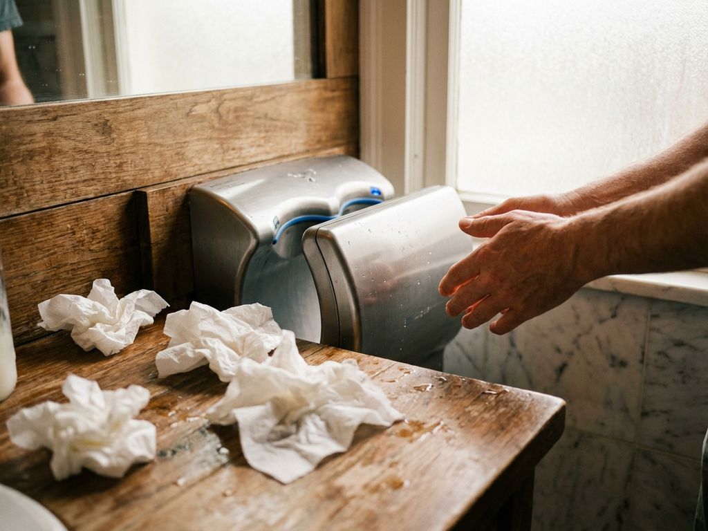 Moderne elektrische handdroger aan muur met verfrommelde papieren handdoeken op houten badkamer aanrecht