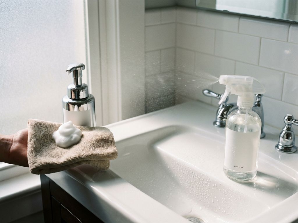 Witte wastafel met schuimzeep dispenser en sprayfles die reinigingsmiddelen aanbrengen op porselein oppervlak