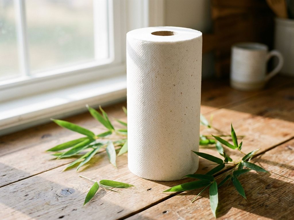 Witte eco-vriendelijke keukenrol van gerecyclede bamboevezels op houten aanrecht met groene bladeren