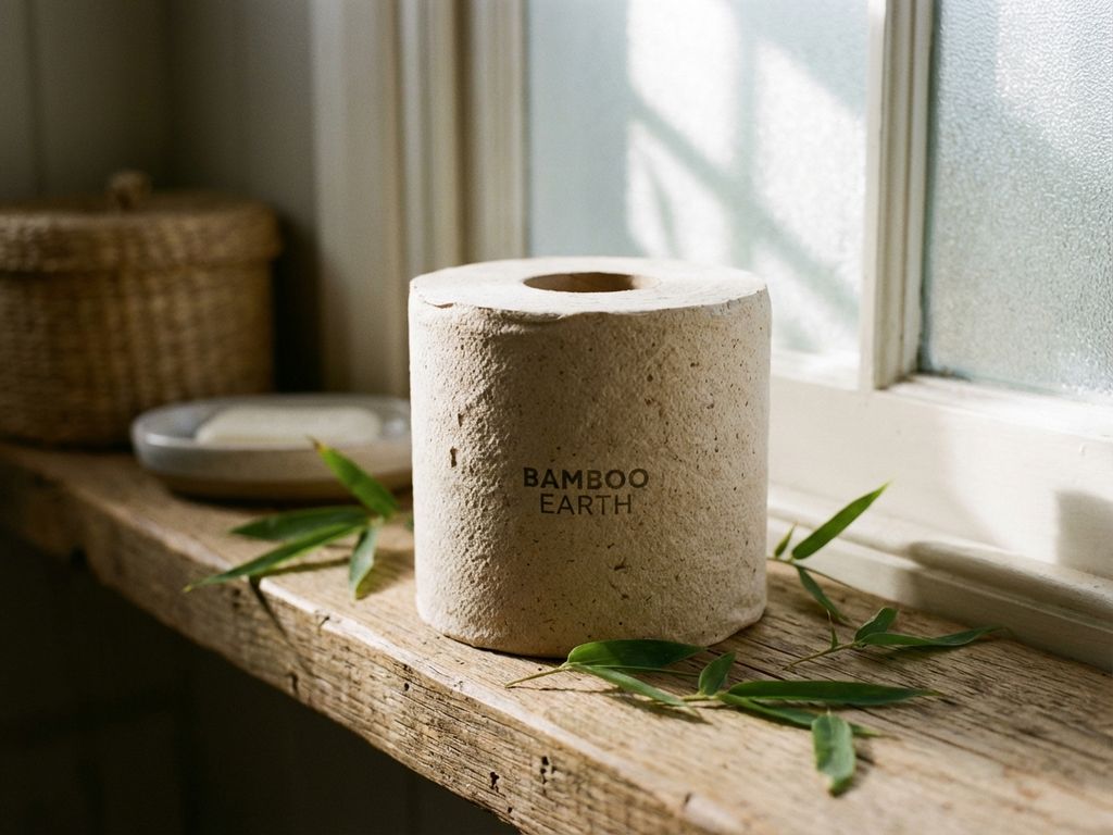 Rol van milieuvriendelijk toiletpapier van gerecyclede bamboevezels op houten badkamerplank met groene bladeren