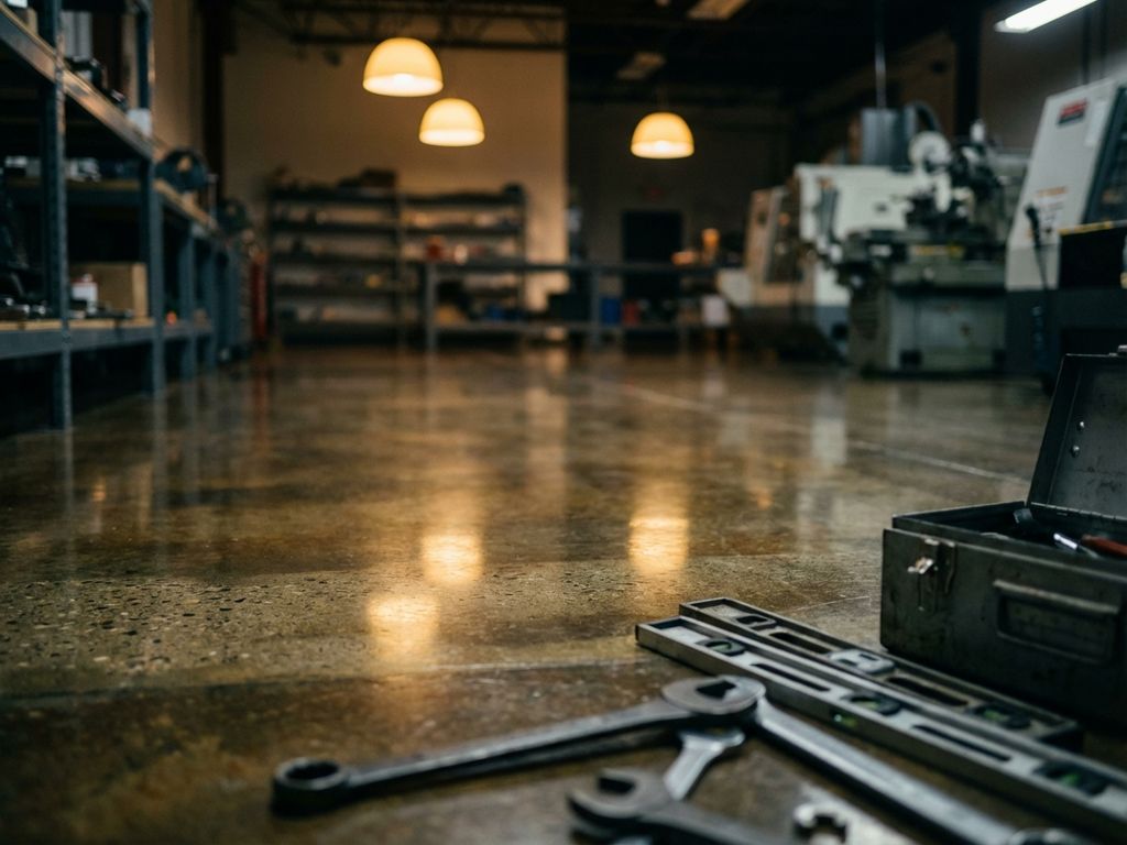 Gepolijste betonvloer met beschermende coating in industriële werkruimte, gereedschap zichtbaar, warme verlichting