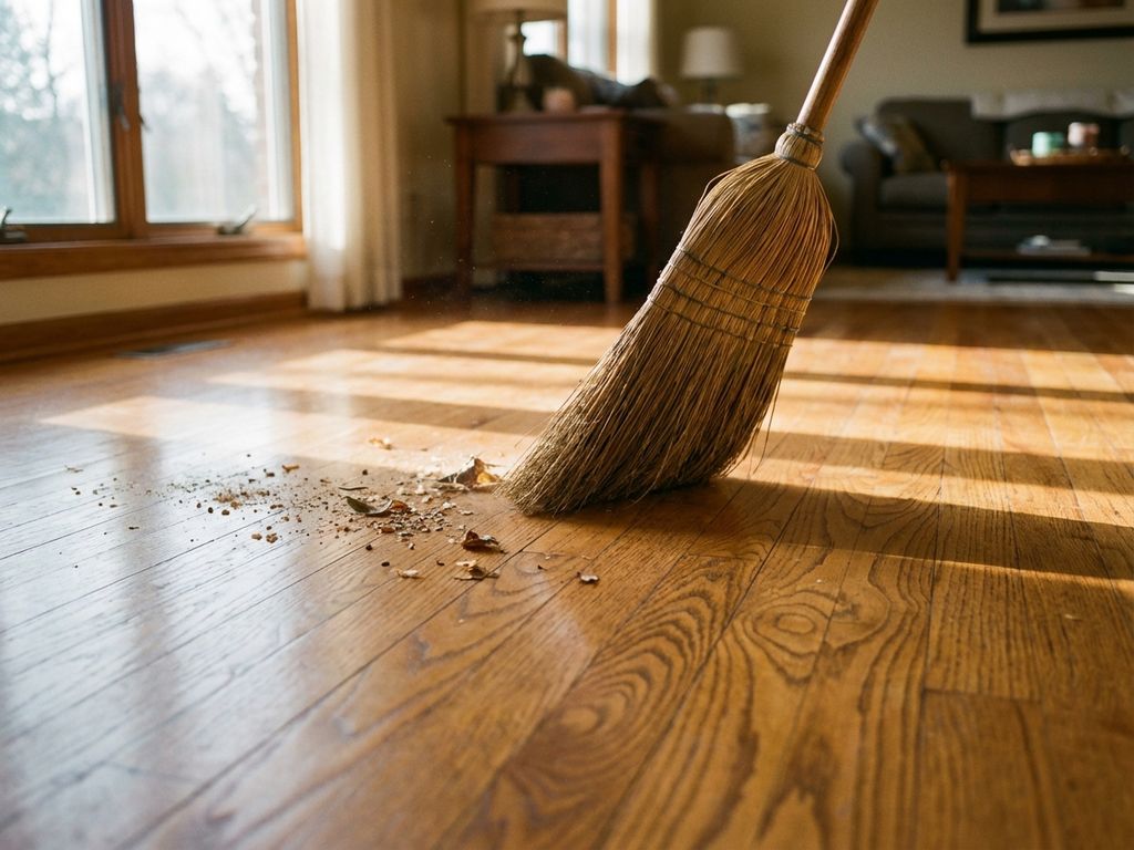 Professionele bezem met natuurlijke haren veegt vuil op houten vloer met warme houtnerf in zacht daglicht