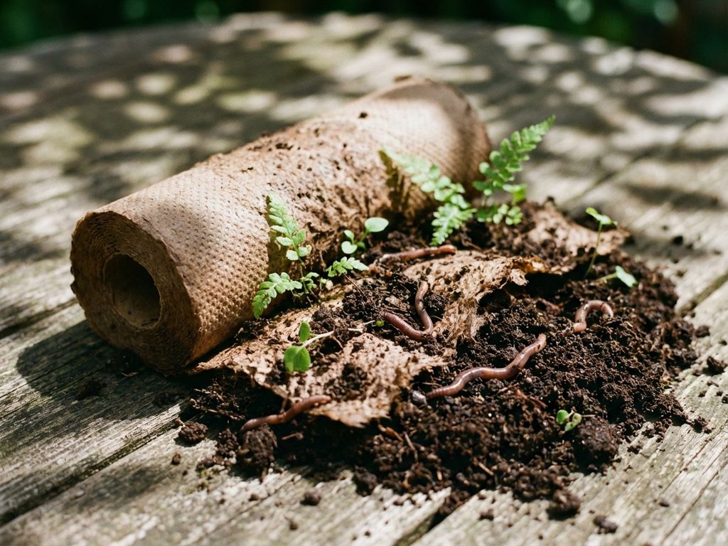 Eco-vriendelijke keukenrol die natuurlijk composteert met groene scheuten en regenwormen op houten tuintafel