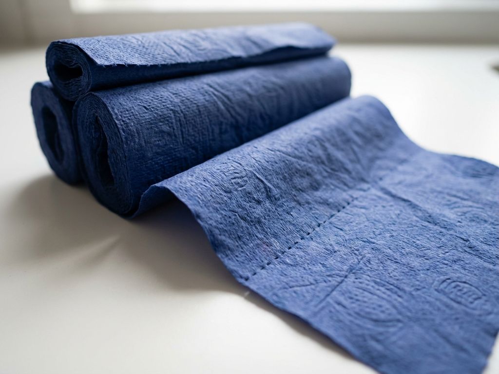 Stapel blauwe keukenrollen op witte ondergrond, één rol gedeeltelijk uitgerold met zichtbare textuur en perforatie