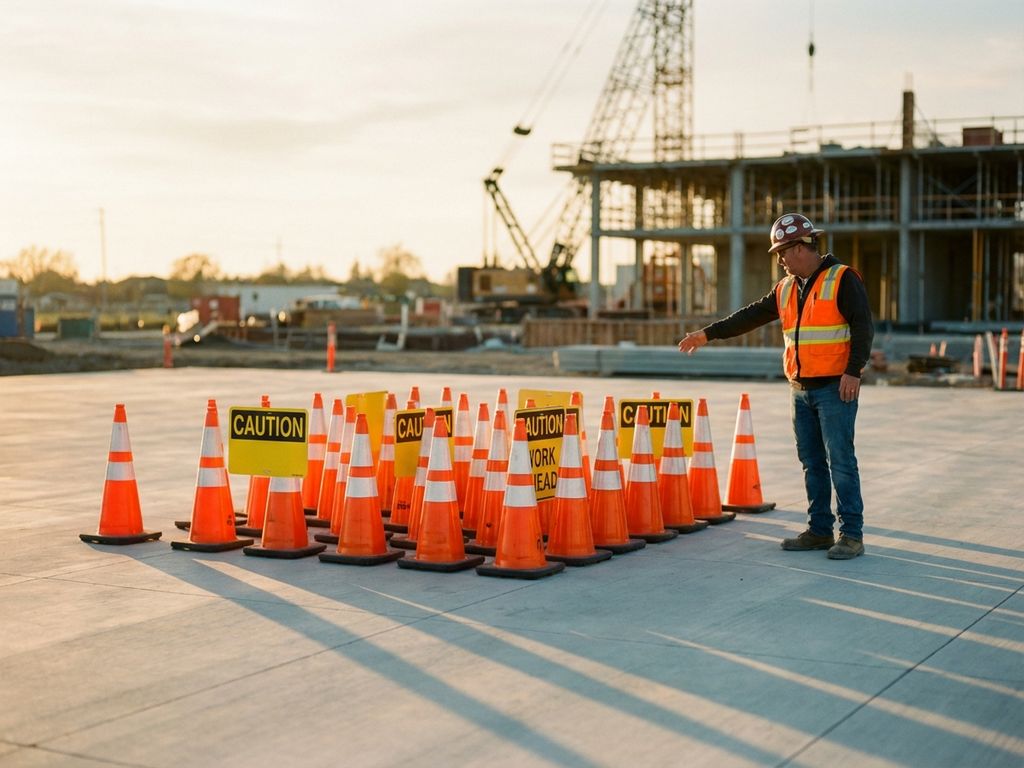 Bouwplaats supervisor in veiligheidskleding wijst naar georganiseerde oranje verkeerskegels en gele waarschuwingsborden