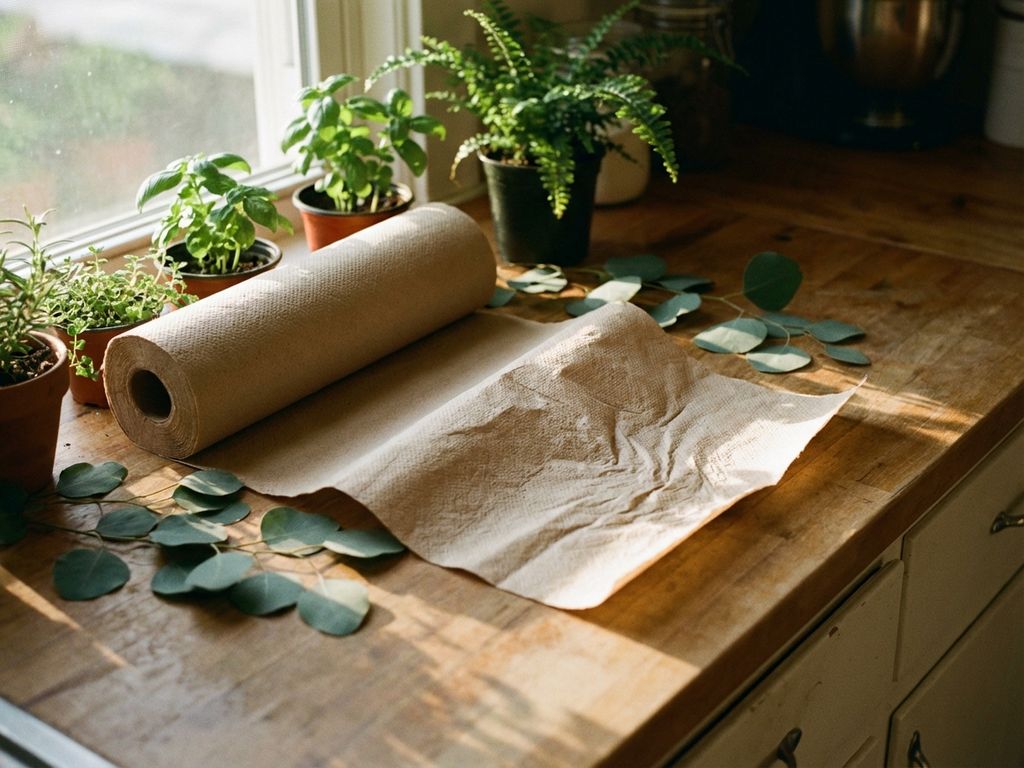 Bruine papieren handdoeken uitgerold op houten keukenblad met groene planten in natuurlijk licht