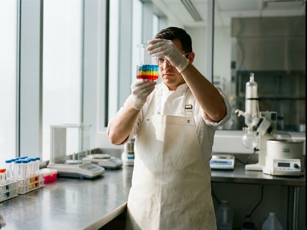 chef-schort-chemisch-bestendig-laboratorium-keuken.jpg Professionele chef in witte chemisch-resistente schort hanteert glazen beker in moderne laboratoriumkeuken