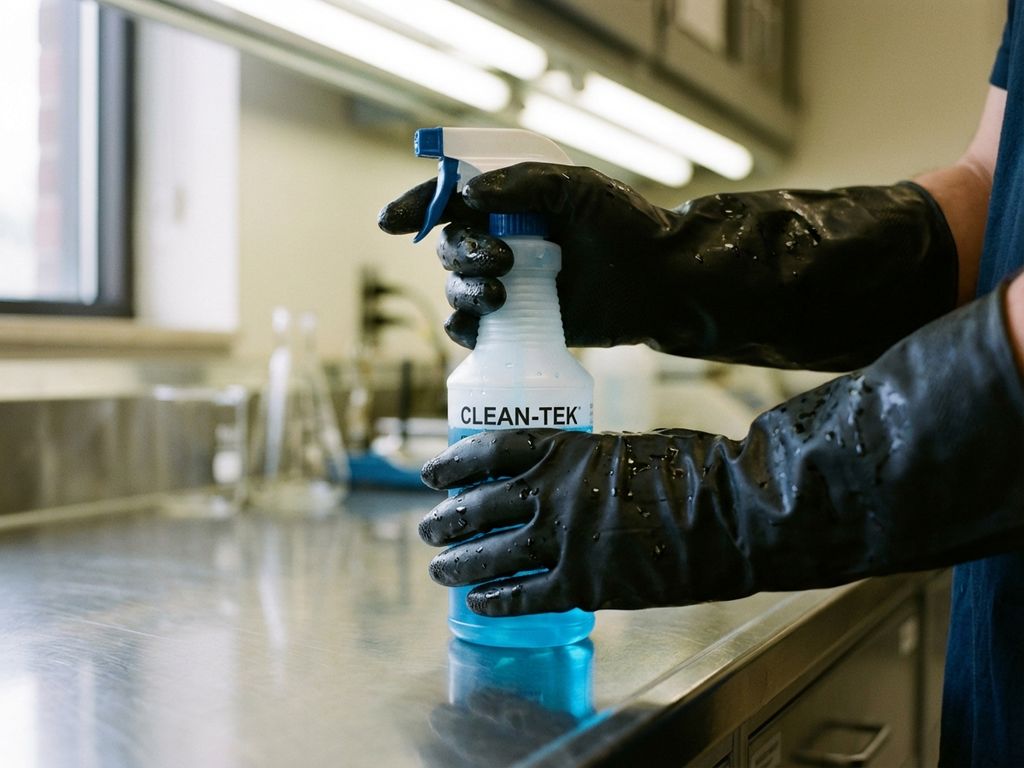 Chemisch resistente nitril handschoenen houden sprayflacon met blauwe reinigingsvloeistof vast op laboratoriumtafel