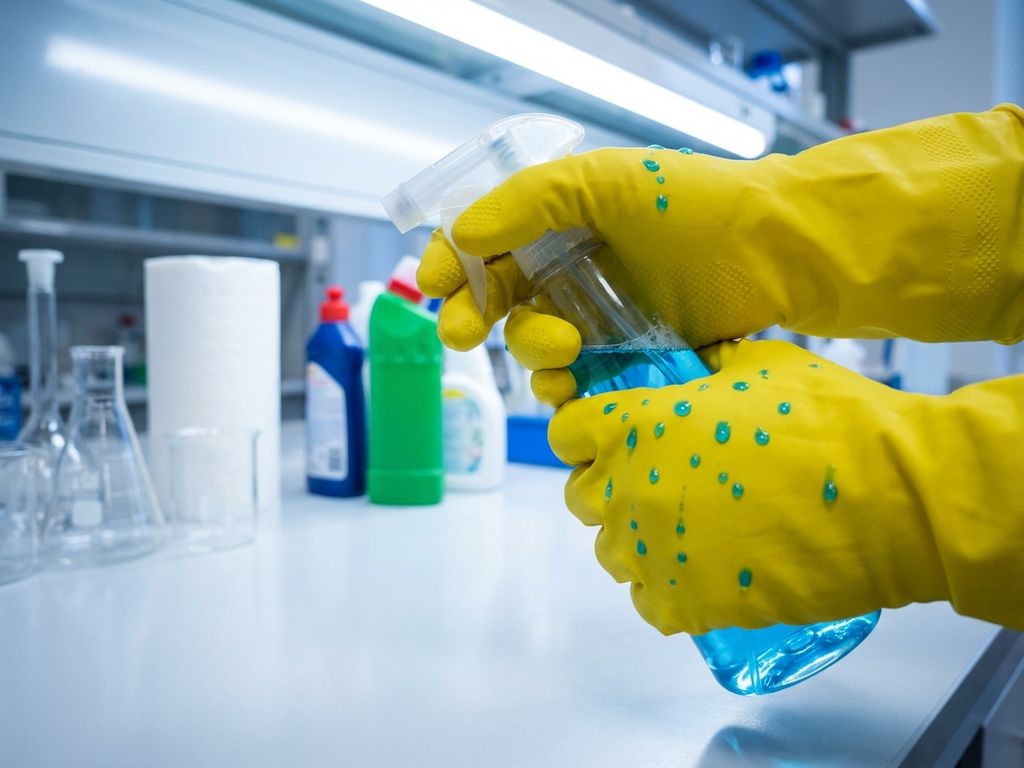 Gele chemisch-resistente werkhandschoenen houden spuitfles met blauwe schoonmaakvloeistof vast in laboratorium