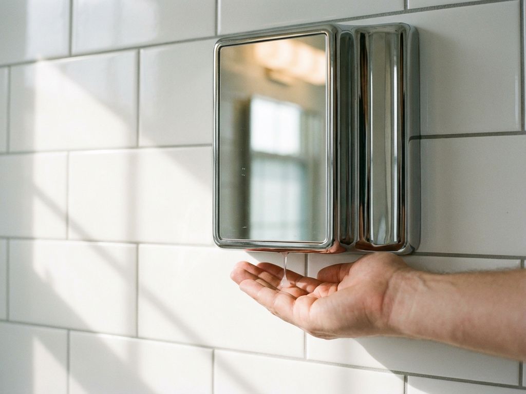 Chromen zeepdispenser op witte tegelmuur met hand eronder die zeepdruppel opvangt in moderne badkamer