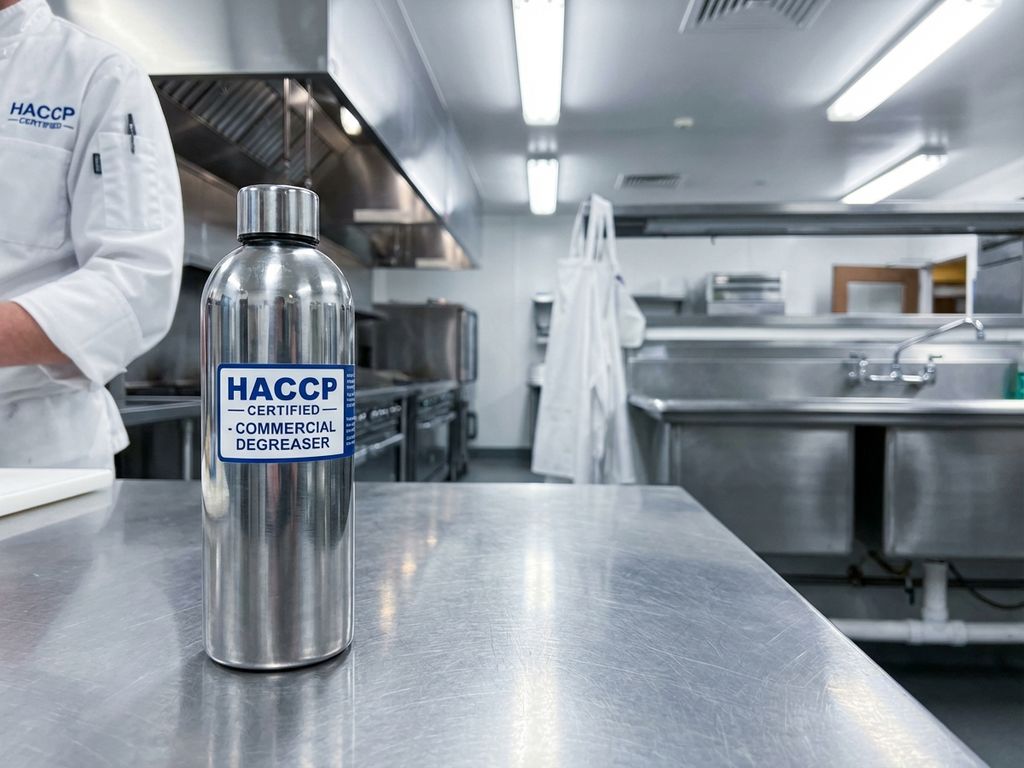 Commerciële ontvetter met HACCP-certificering op roestvrijstalen werkblad in professionele keuken