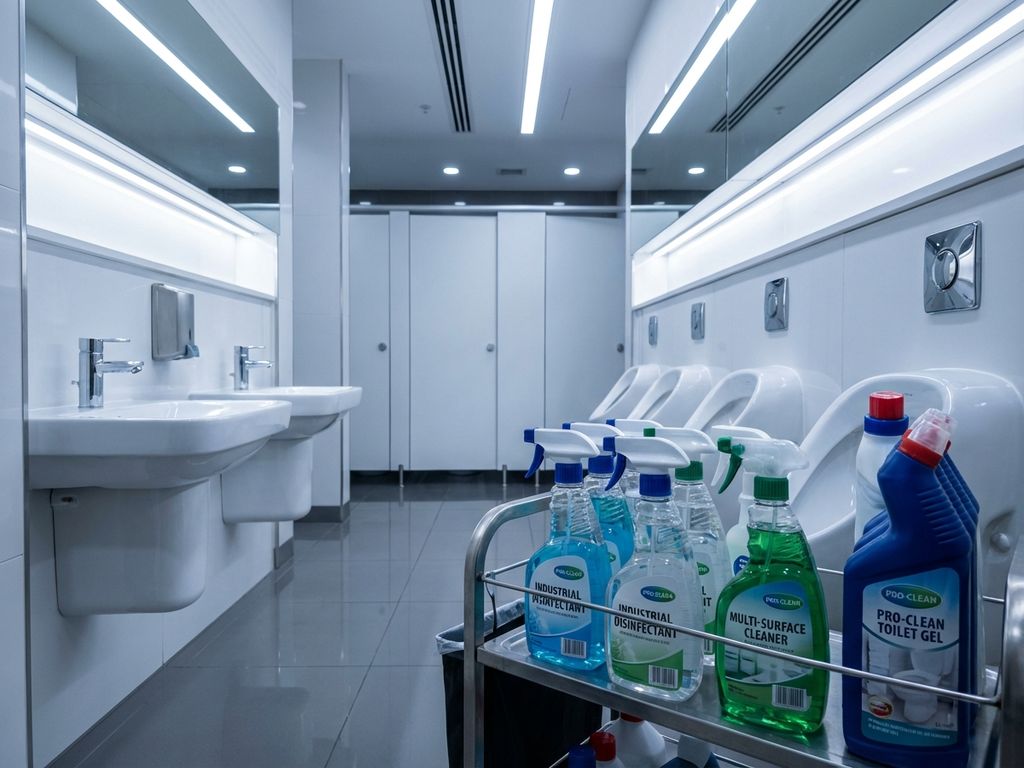 Schoonmaakmiddelen op karretje in moderne kantoortoilet met witte keramiek en glanzende tegelvloeren