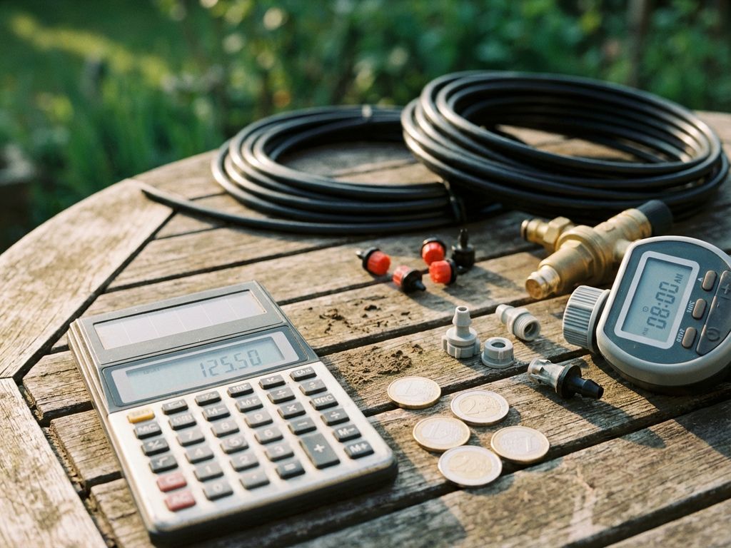Druppelirrigatiesysteem met zwarte slangen, timer, calculator en euromunten op houten tuintafel in ochtendlicht
