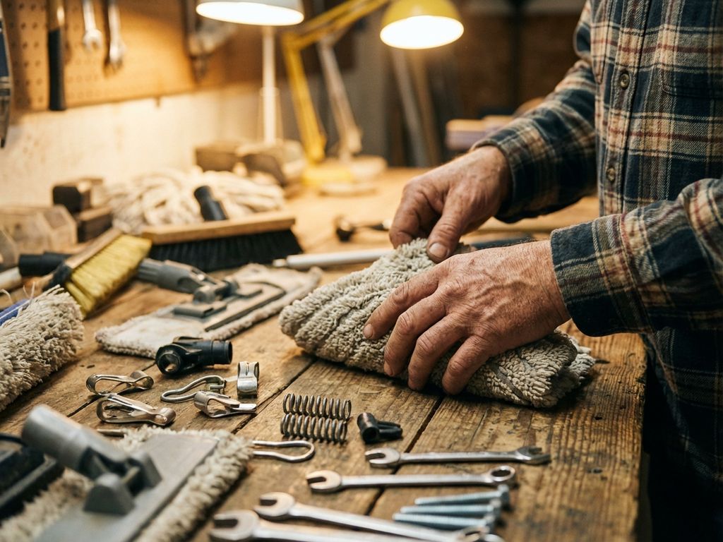 mop-reinigen-schoonmaak-gereedschap-werkplaats.jpg Vakman onderzoekt verschillende dweilkoppen en bevestigingssystemen op houten werkbank in verlichte werkplaats