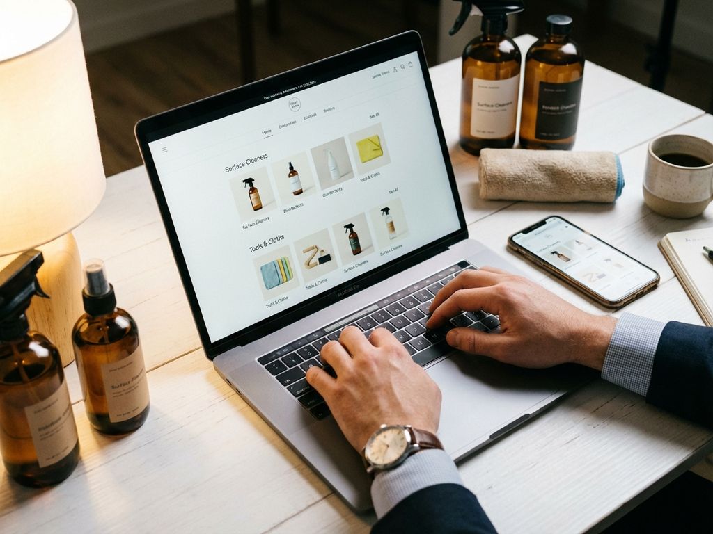 ecommerce-website-schoonmaakmiddelen-laptop-mobiel.jpg Professionele handen typen op laptop met schoonmaakproducten e-commerce website, smartphone en schoonmaakmiddelen op bureau