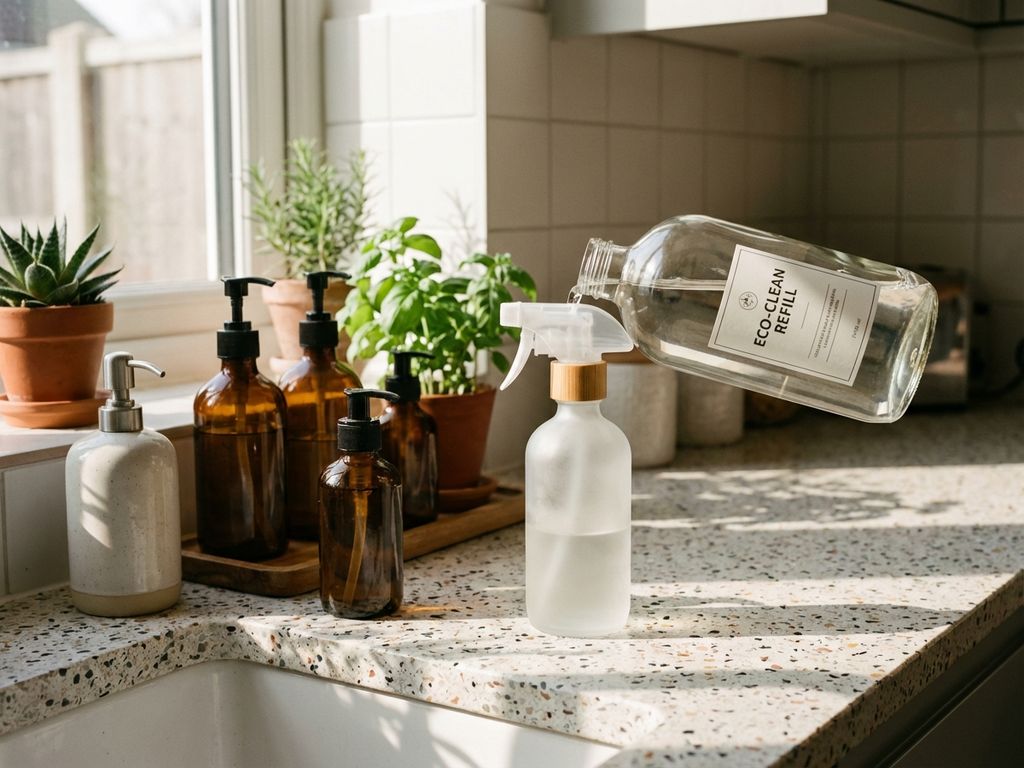 eco-friendly-cleaning-refill-bottles-kitchen-counter.jpg Glazen navulfles giet milieuvriendelijke schoonmaakvloeistof in sprayflacon op keukenaanrecht met groene planten