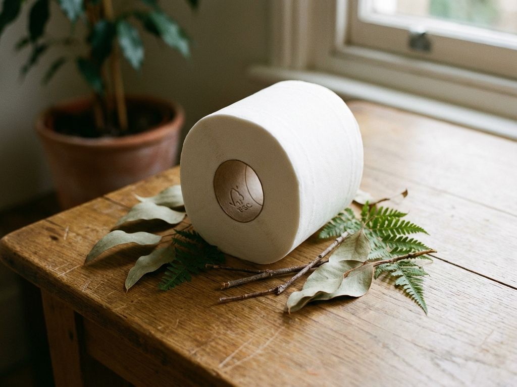 Witte wc-rol met FSC-logo op houten oppervlak, omringd door groene bladeren in natuurlijk licht