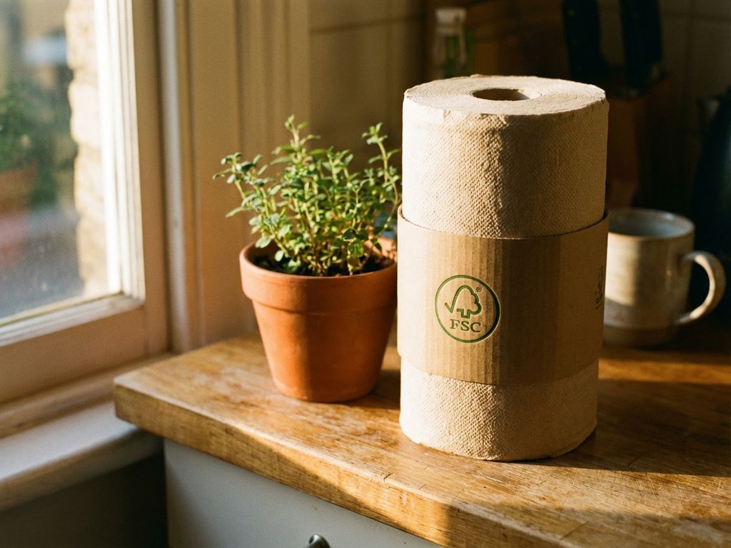 Rol FSC-gecertificeerde keukenpapier op houten aanrecht naast plantje in natuurlijk ochtendlicht