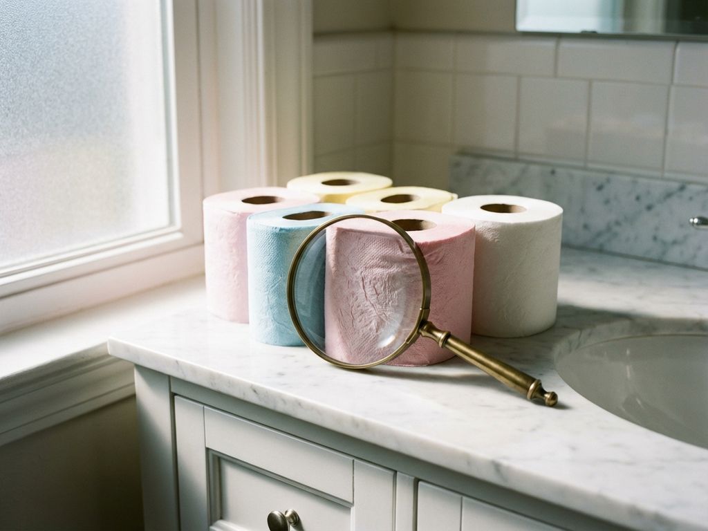 Vergrootglas toont textuurdetails van gekleurde wc-rollen in pastelkleuren op witte marmeren badkameraanrecht