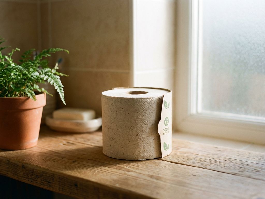 Rol gerecycled toiletpapier met natuurlijke vezels op houten badkamertafel naast groene plant in warm daglicht