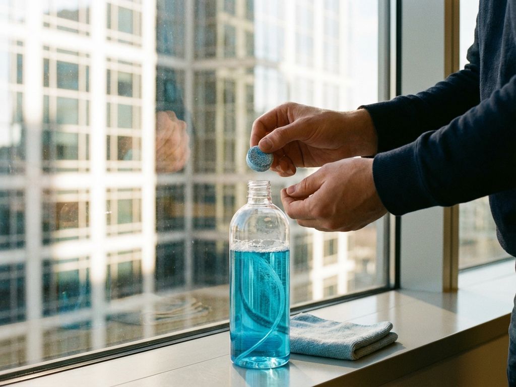 Handen houden glassreinigingstablet boven raam, met blauwe reinigingsoplossing in spuitfles op voorgrond