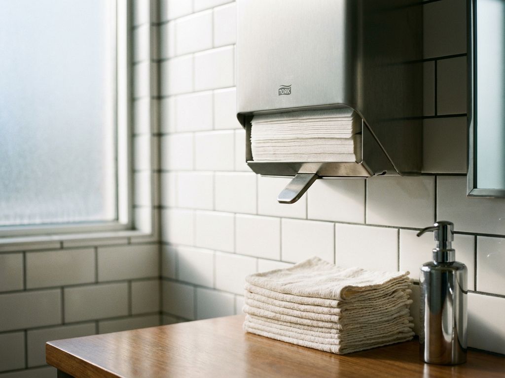 Wandgemonteerde papieren handdoekdispenser met witte handdoeken en chromen zeepdispenser in moderne badkamer