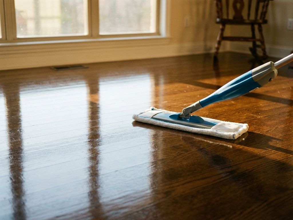 Glanzende houten vloer met microvezeldweil, zonlicht toont streepvrije afwerking en perfecte reinheid