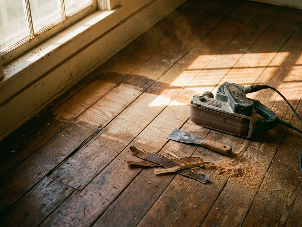 houten-vloer-schuren-voorbereiding-gereedschap.jpg Verweerde houten vloer met gedeeltelijk geschuurde planken, elektrische schuurmachine en verfkrabber, houtkrullen in zonlicht