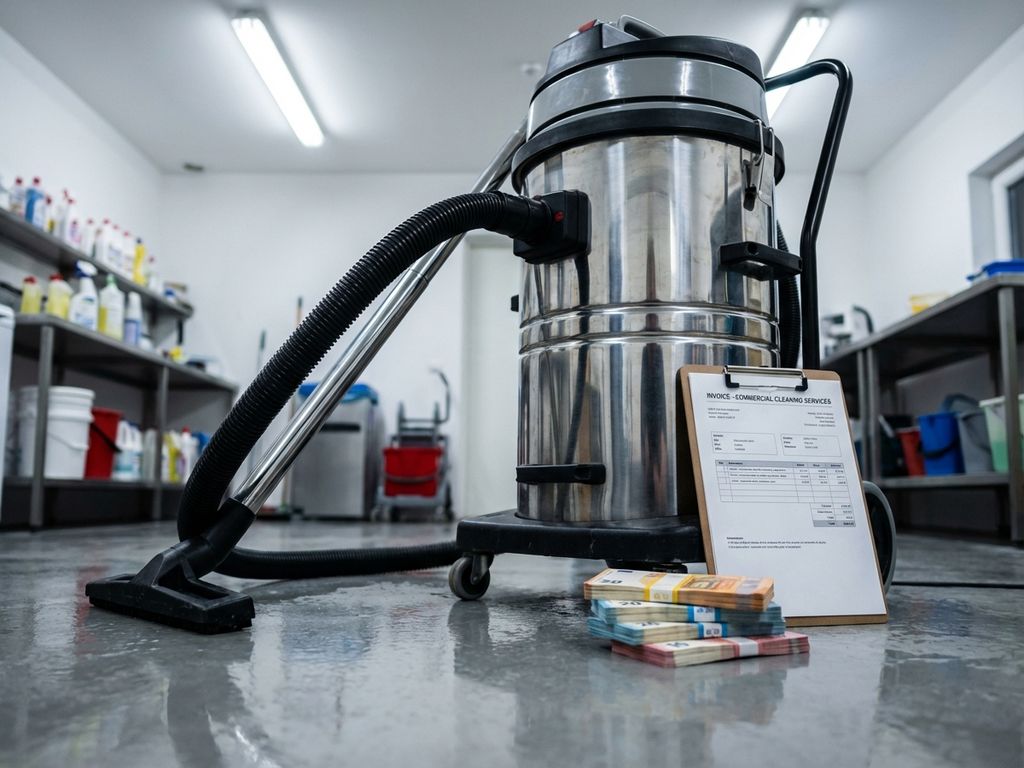 Professionele industriƫle natte stofzuiger met roestvrijstalen tank naast stapels eurobiljetten op commerciƫle vloer