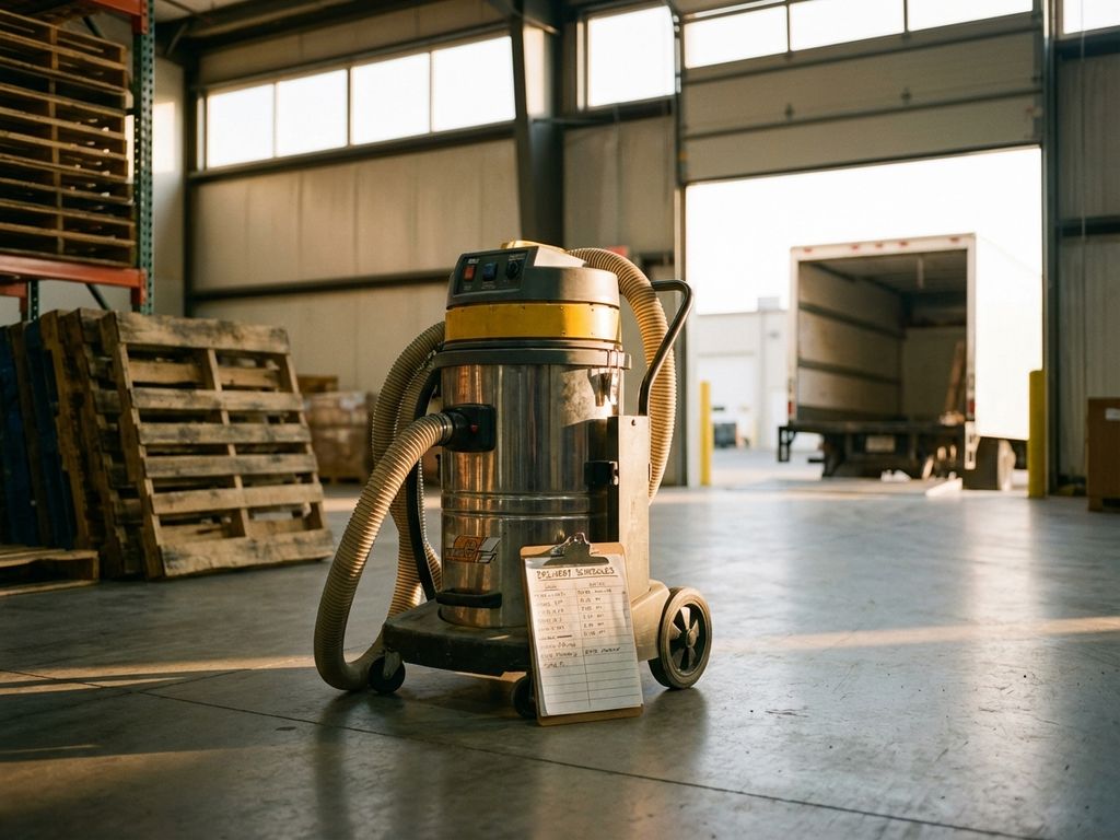 industriele-stofzuiger-magazijn-levering-vrachtwagen.jpg Industriƫle stofzuiger in moderne magazijn met vrachtwagen bij laadperron en houten pallets op de achtergrond