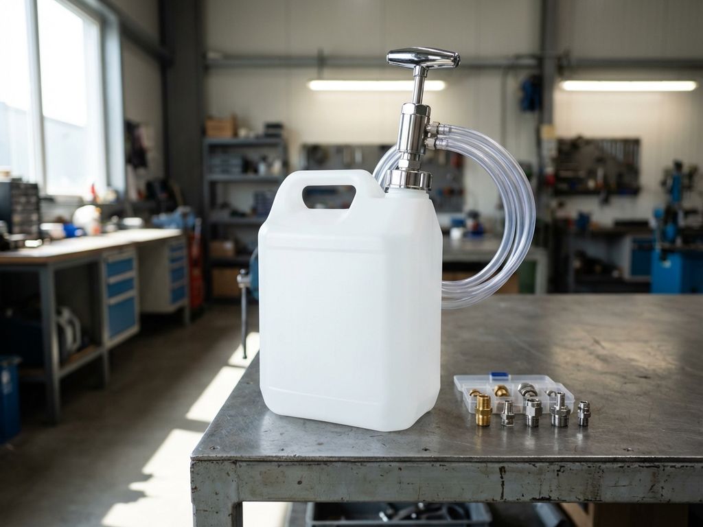 Witte 5-liter jerrycan met precisie doseerpomep op industriële werkbank, metalen onderdelen en slangen