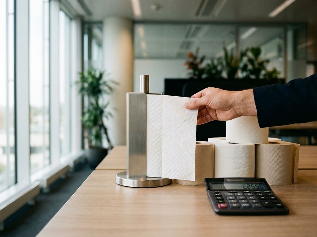 Professionele hand pakt premium papieren handdoek van dispenser op modern kantoorbureau met calculator