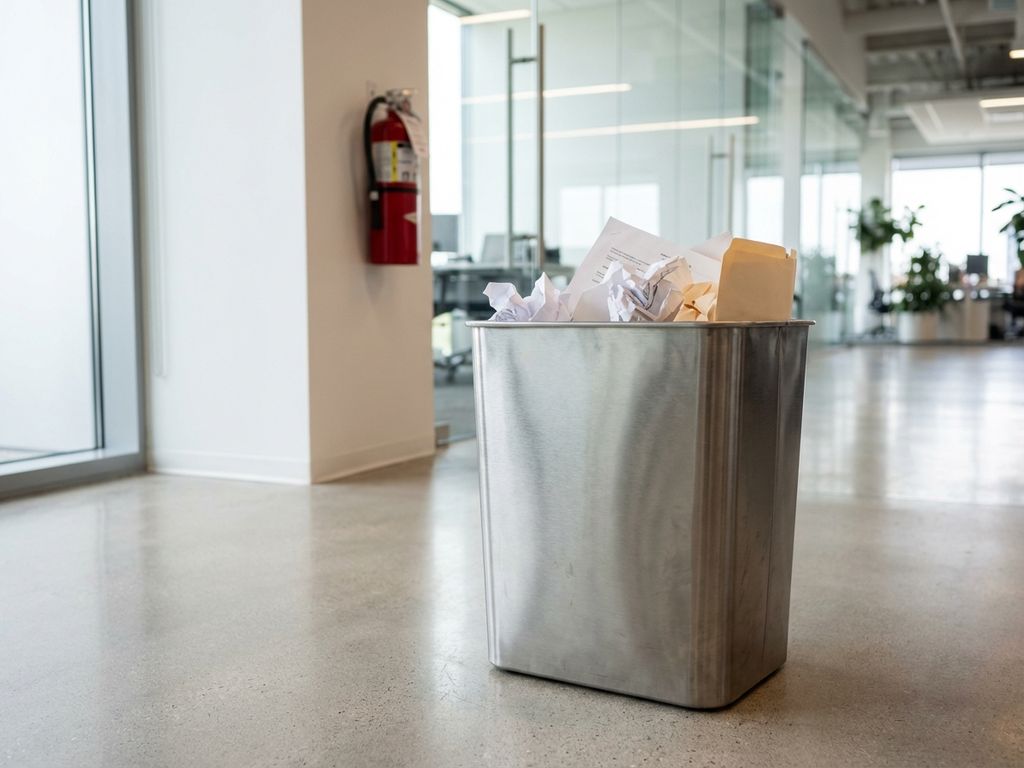 Brandveilige metalen prullenbak met verfrommelde documenten op betonnen vloer in modern kantoor met ramen