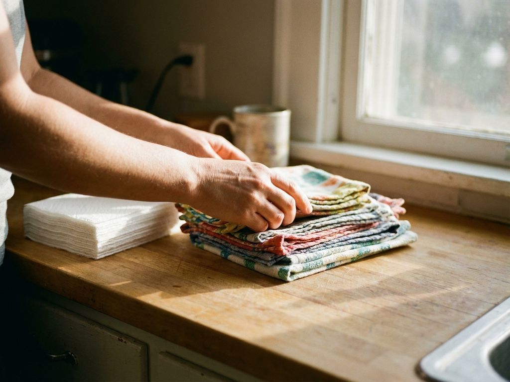Handen reiken naar kleurrijke herbruikbare keukendoeken naast stapel witte papieren handdoeken op houten aanrecht