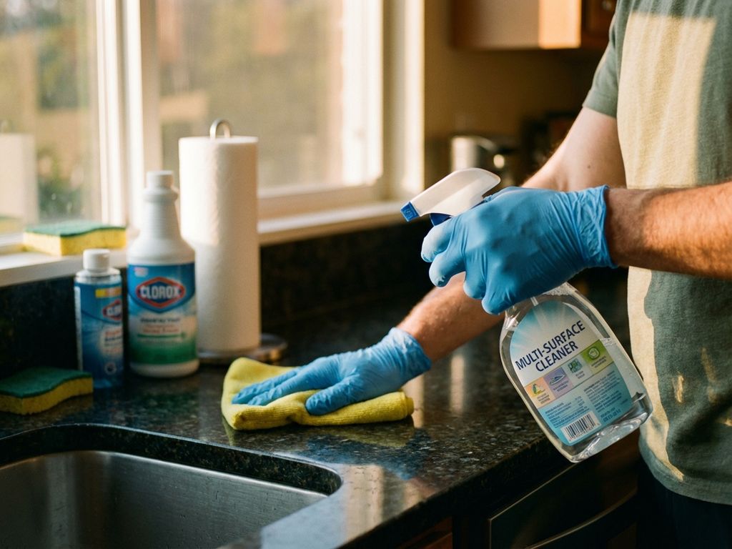 Handen in blauwe nitril handschoenen reinigen keukenblad met spray en microvezeldoek, schoonmaakmiddelen zichtbaar