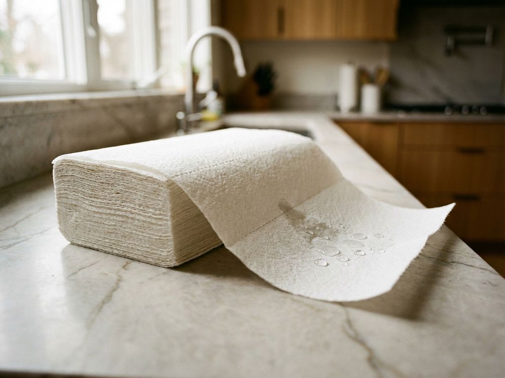 Stapel premium witte keukenpapier met geperforeerde vellen op marmeren aanrecht, waterdruppels tonen absorptie