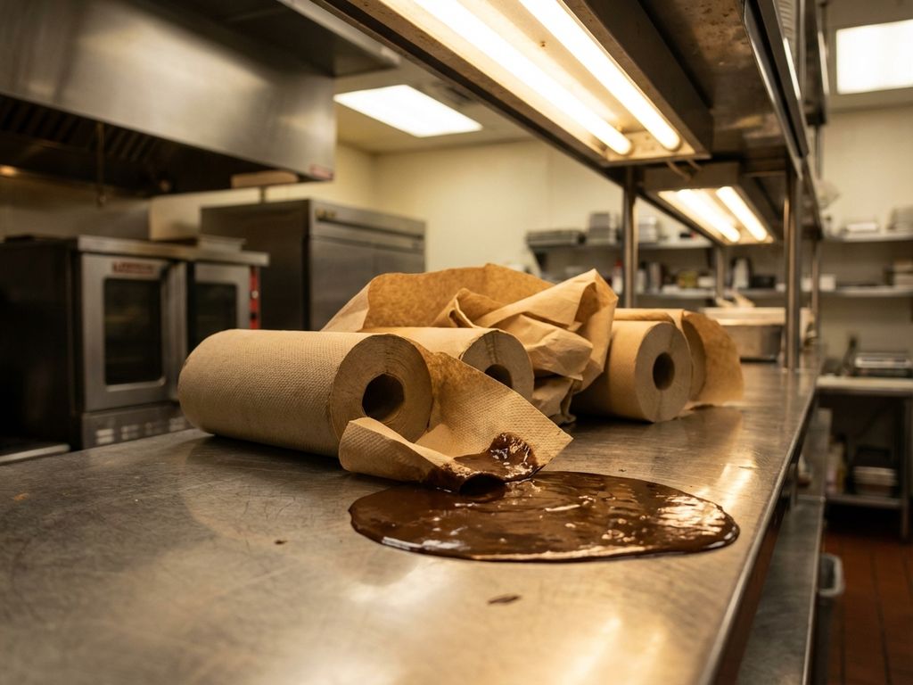 Papieren handdoeken op professionele keukenblad met gemorste vloeistof, ƩƩn rol uitgerold toont absorptievermogen
