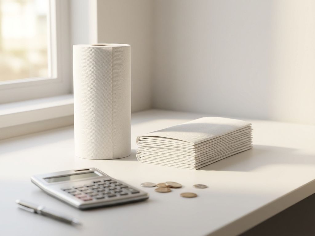 Witte bureautafel met keukenrol en gevouwen handdoeken, rekenmachine en munten voor kostenanalyse