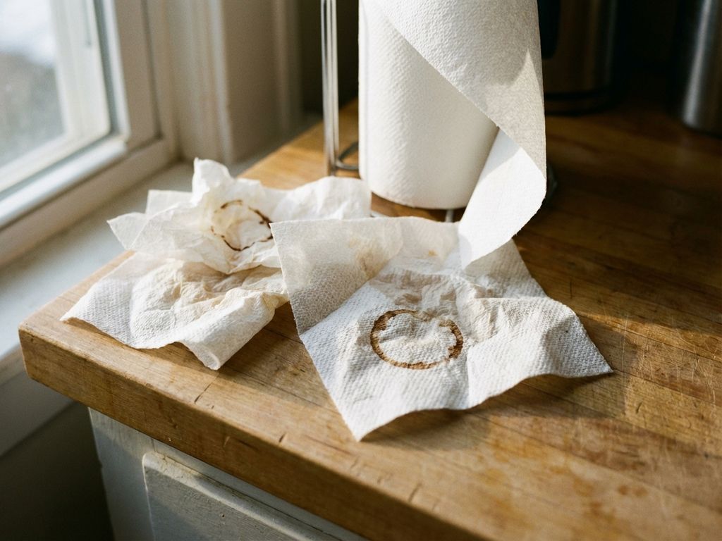 Verkreukelde keukenpapier met vlekken op houten aanrecht, schone handdoek uit dispenser, natuurlijk ochtendlicht