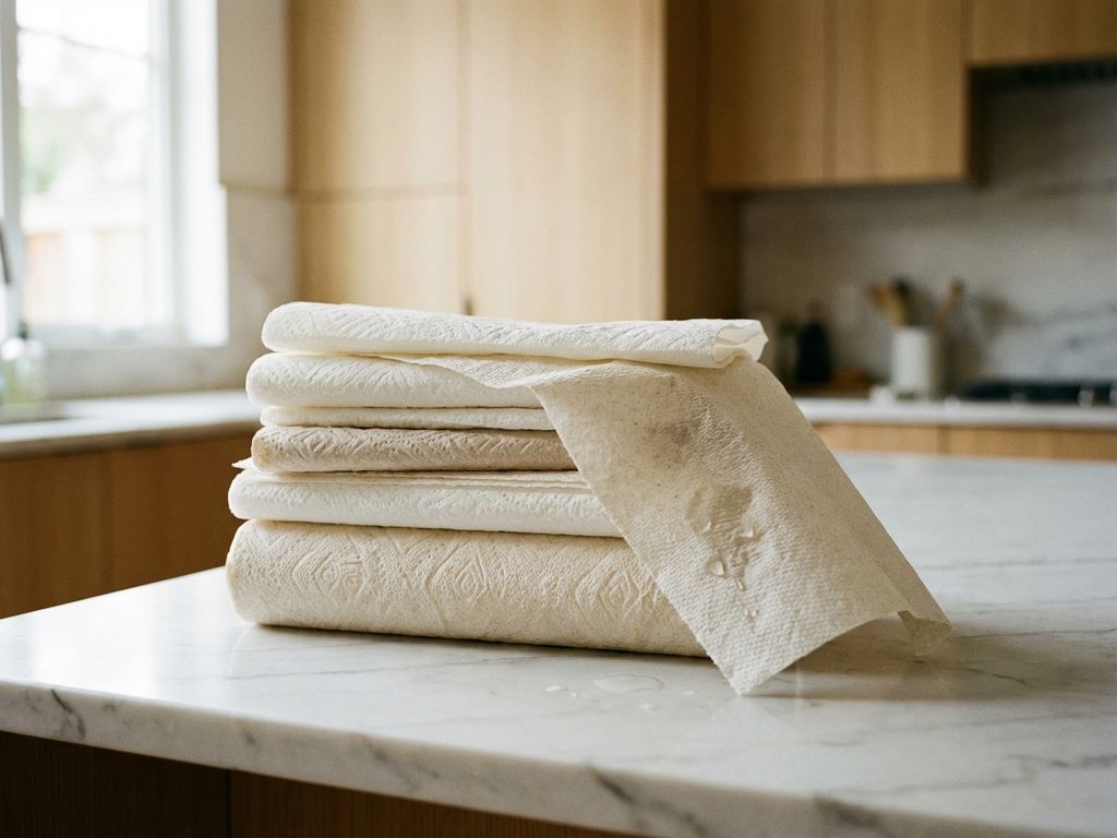 Stapel premium keukenpapier op marmeren aanrecht, verschillende merken met zichtbare texturen en diktes