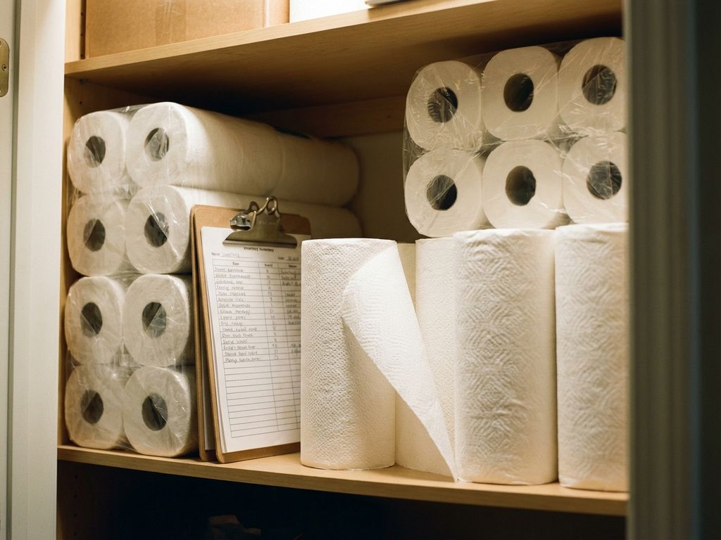 Netjes georganiseerde voorraadkast met stapels witte keukenrollen en inventarislijst op klembord