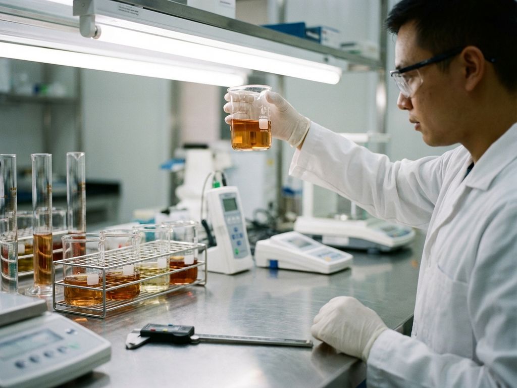 Laboratoriumtechnicus in witte jas onderzoekt amber ontvettingsoplossing in glazen beker op roestvrijstalen werkbank