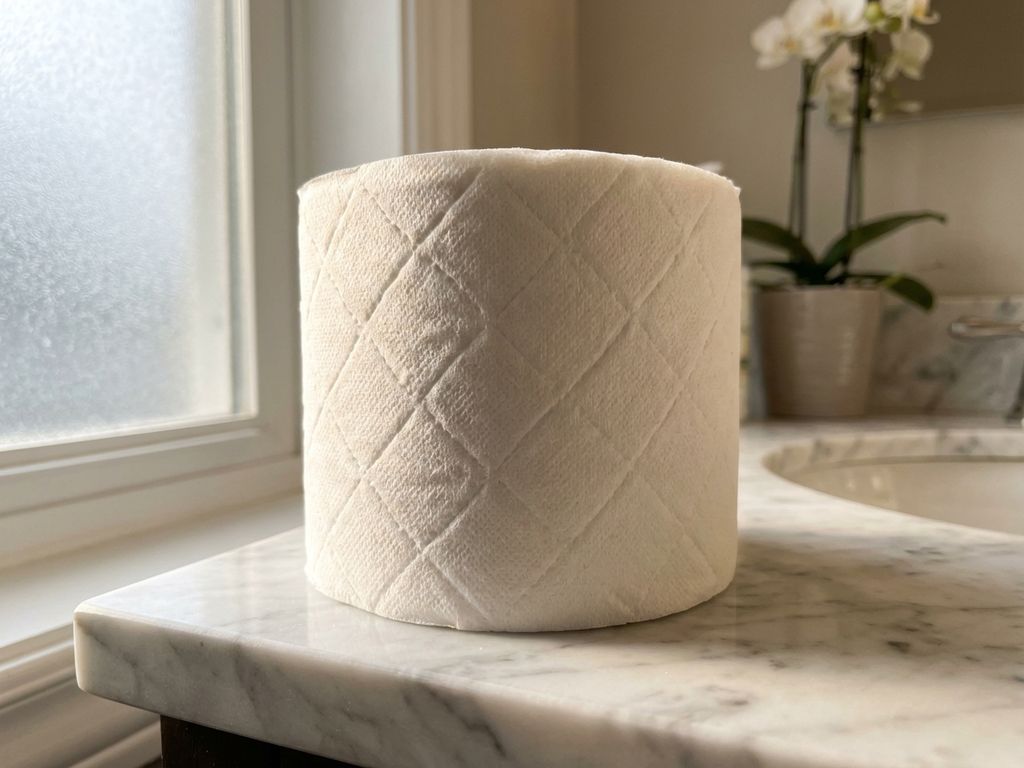 Luxe toiletpapier met gequilte diamantstructuur op marmeren badkamerblad in natuurlijk licht